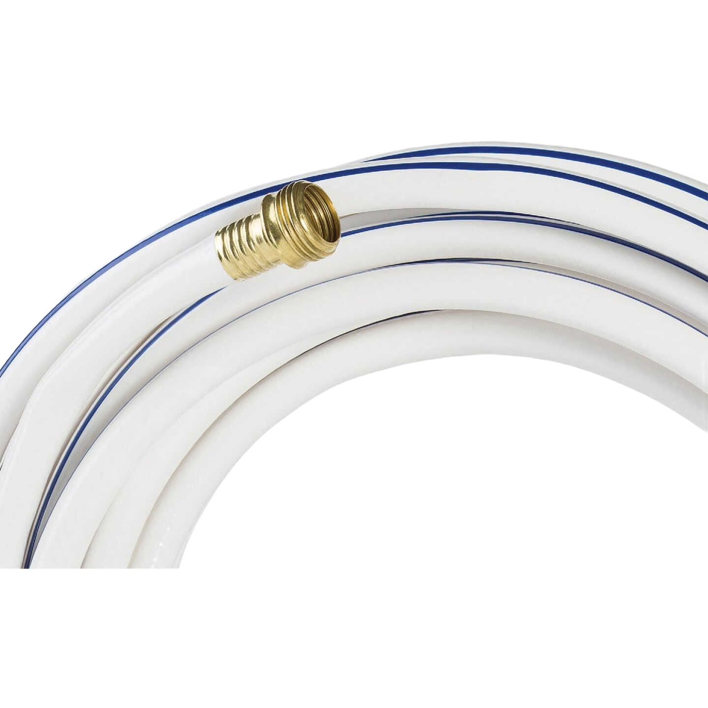 Coiled white medical-grade vinyl garden hose with brass fitting, safe for RV, marine, and watering use under $50