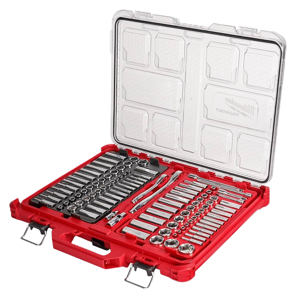 Red and clear PACKOUT organizer case with 106-piece metric ratchet and socket set for home improvement tasks