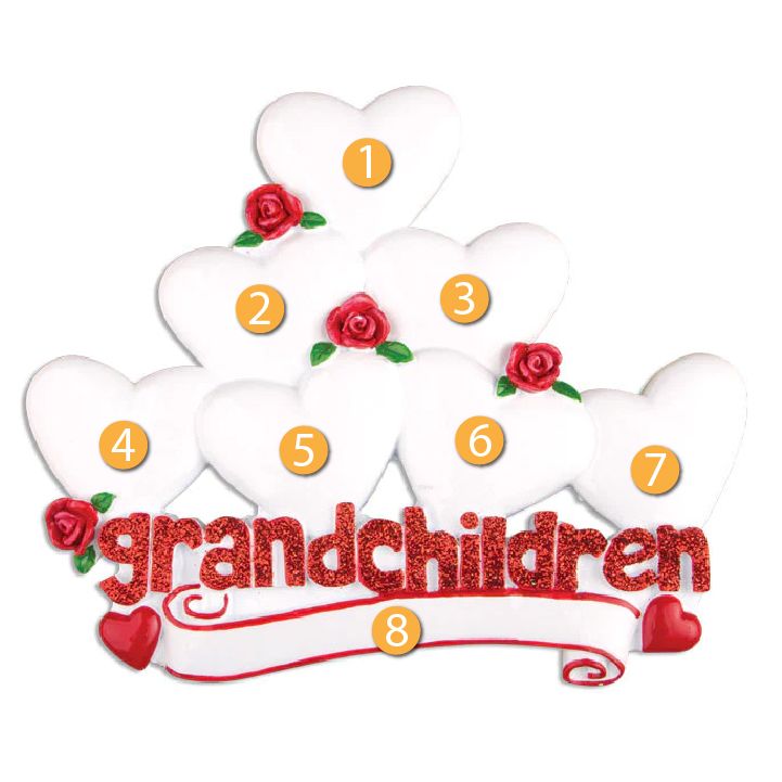 Personalized Christmas ornament with seven hearts and glittery grandchildren text in holiday decor under $50 collection