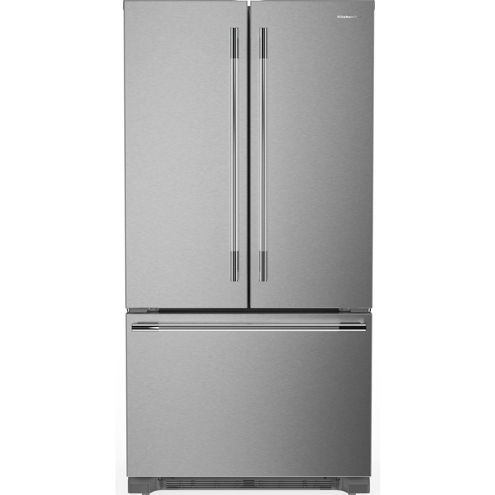 Stainless steel French door refrigerator with bottom freezer and sleek vertical handles in KitchenAid appliances collection