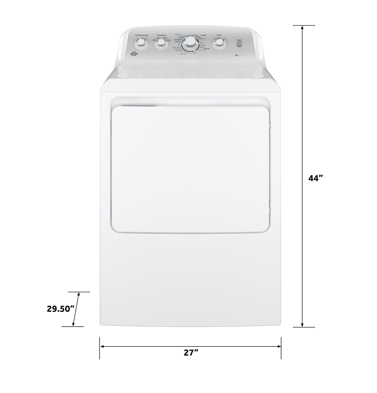 White electric dryer with control panel and dimensions, featured in Dryers and Appliances collections