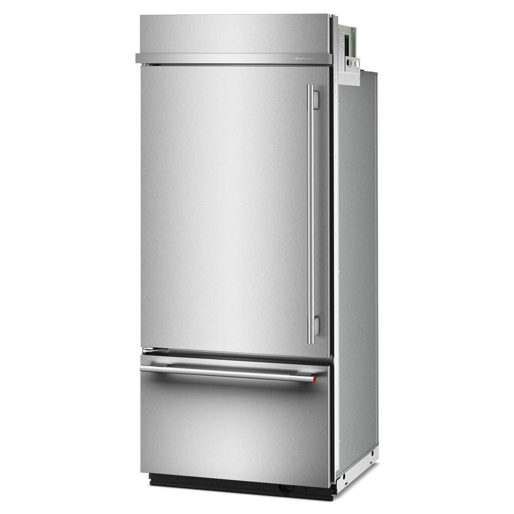 Built-in bottom mount refrigerator with stainless steel finish and platinum interior in KitchenAid appliances collection