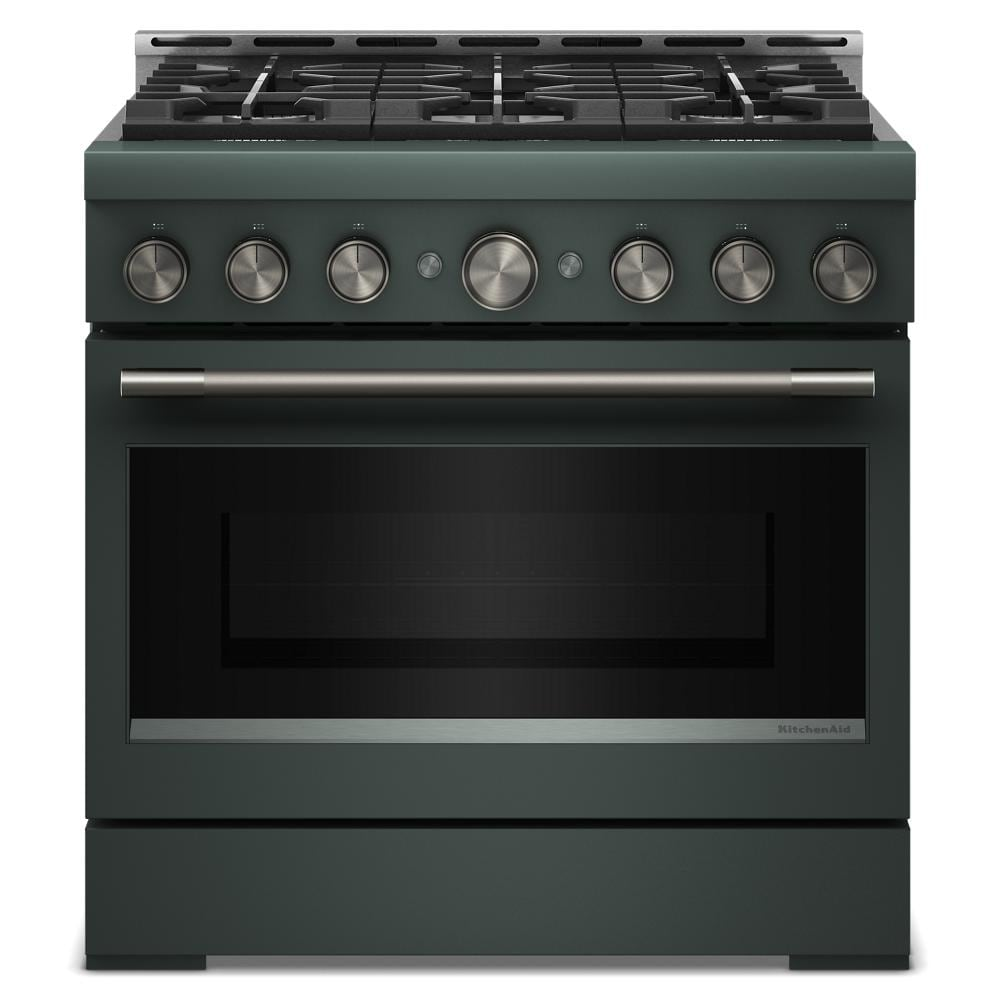 Front view of dark green 36-inch commercial-style gas range with six burners and stainless steel knobs from KitchenAid collection