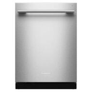 stainless steel dishwasher with towel bar handle and minimalist design from KitchenAid appliances collection