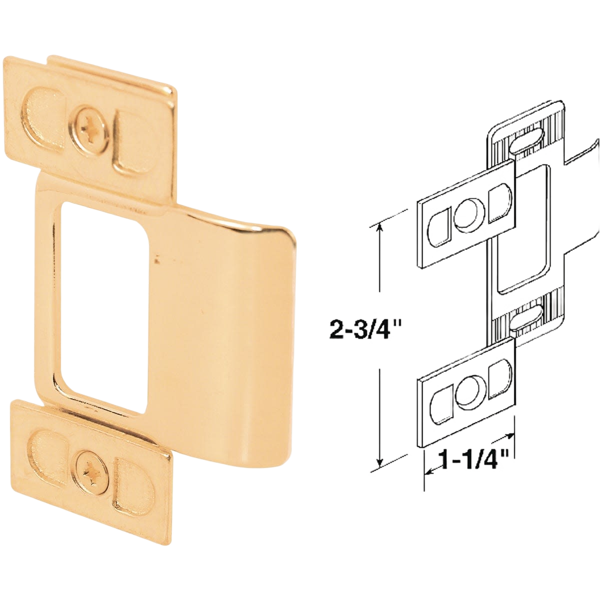 Brass finish small adjust-a-strike plate with mounting holes and technical dimensions for door hardware and home improvement.