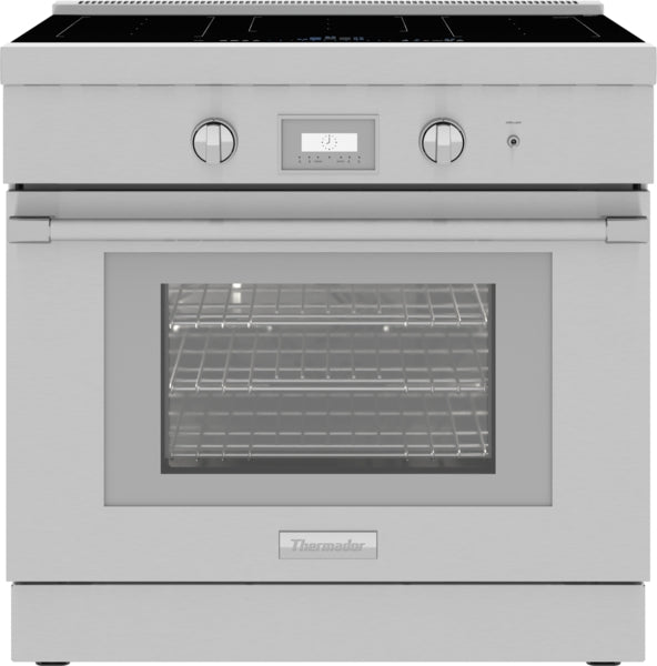 Stainless steel professional induction range with digital display, two control knobs, and telescopic oven racks in kitchen appliances collection
