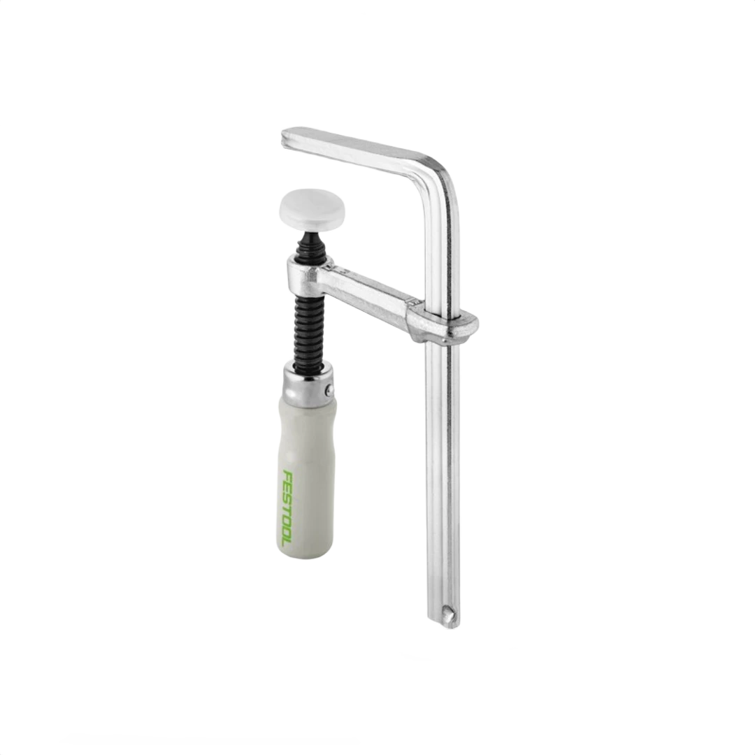 Metal screw clamp with white handle and green Festool logo for woodworking and clamping tool accessories