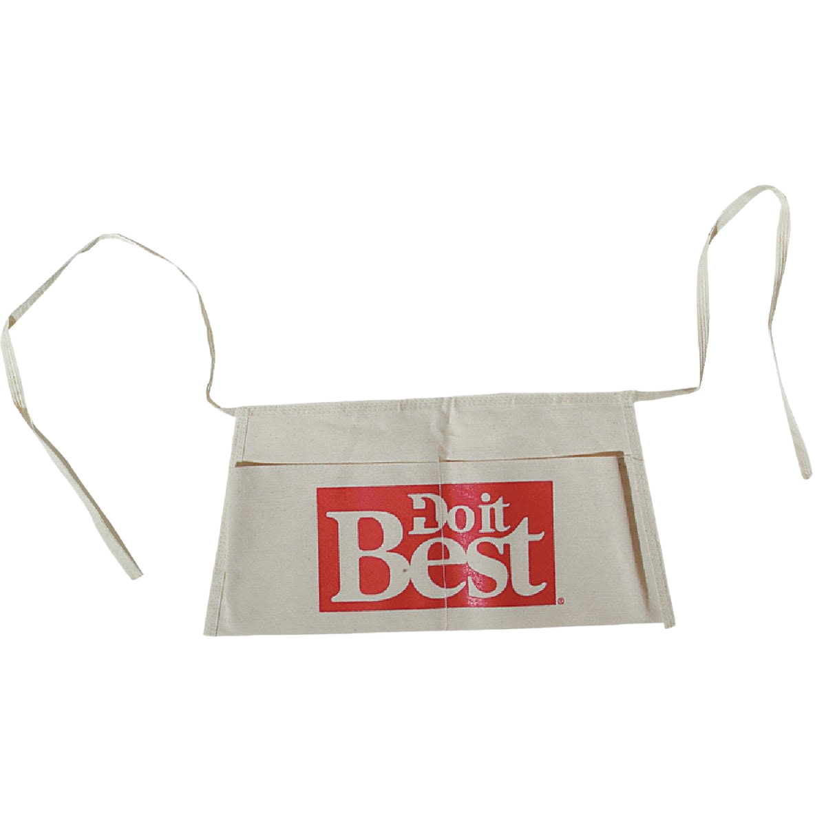 Natural duck fabric waist apron with two pockets and red logo for workshop organization and tool storage