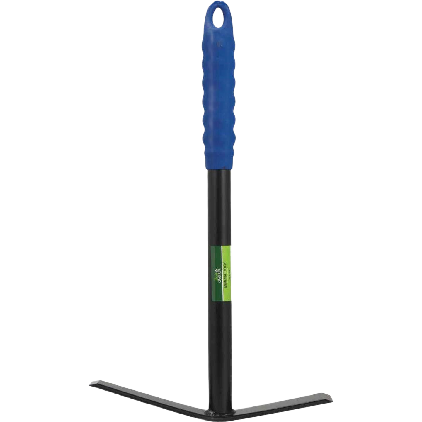 14-inch steel garden planting mattock with textured blue grip for digging and weeding in outdoor hand tools collection