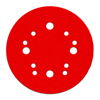 Red 5-inch Hook & Lock sanding disc with multiple holes for dust extraction, suitable for power tool abrasives and home improvement tasks