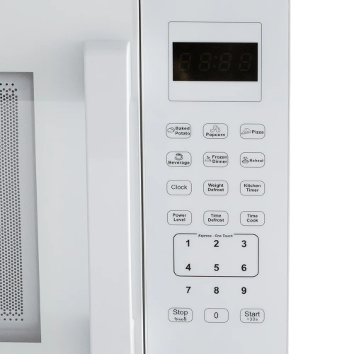 white microwave control panel with preset cooking buttons and digital display for kitchen appliances and home improvement