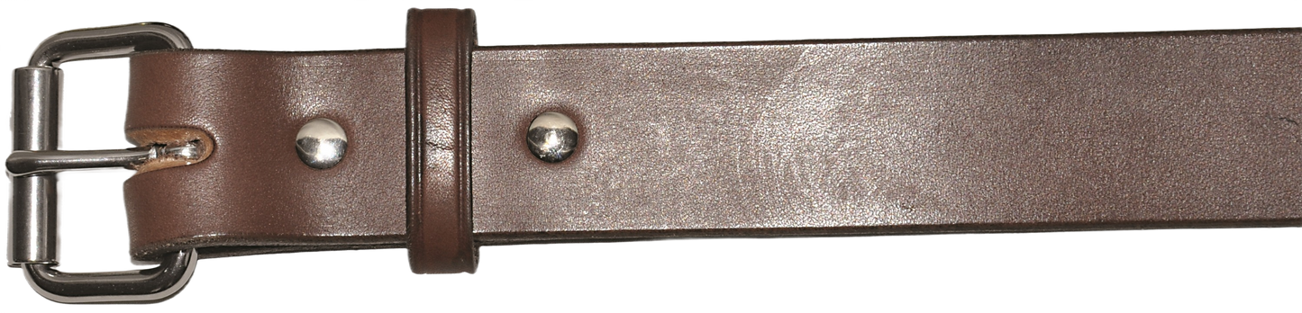 Brown harness leather belt with stainless steel roller buckle for accessories and clothing collections under $100