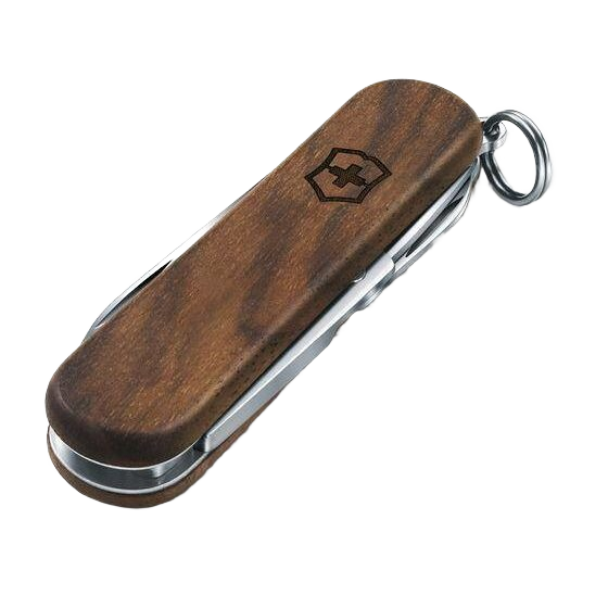 Compact classic Swiss Army pocket knife with European walnut wood handle in cutting and woodworking tool collections