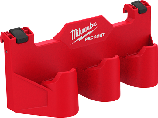 Red Milwaukee PACKOUT battery rack attachment designed to hold three M12 batteries for workshop organization and tool storage