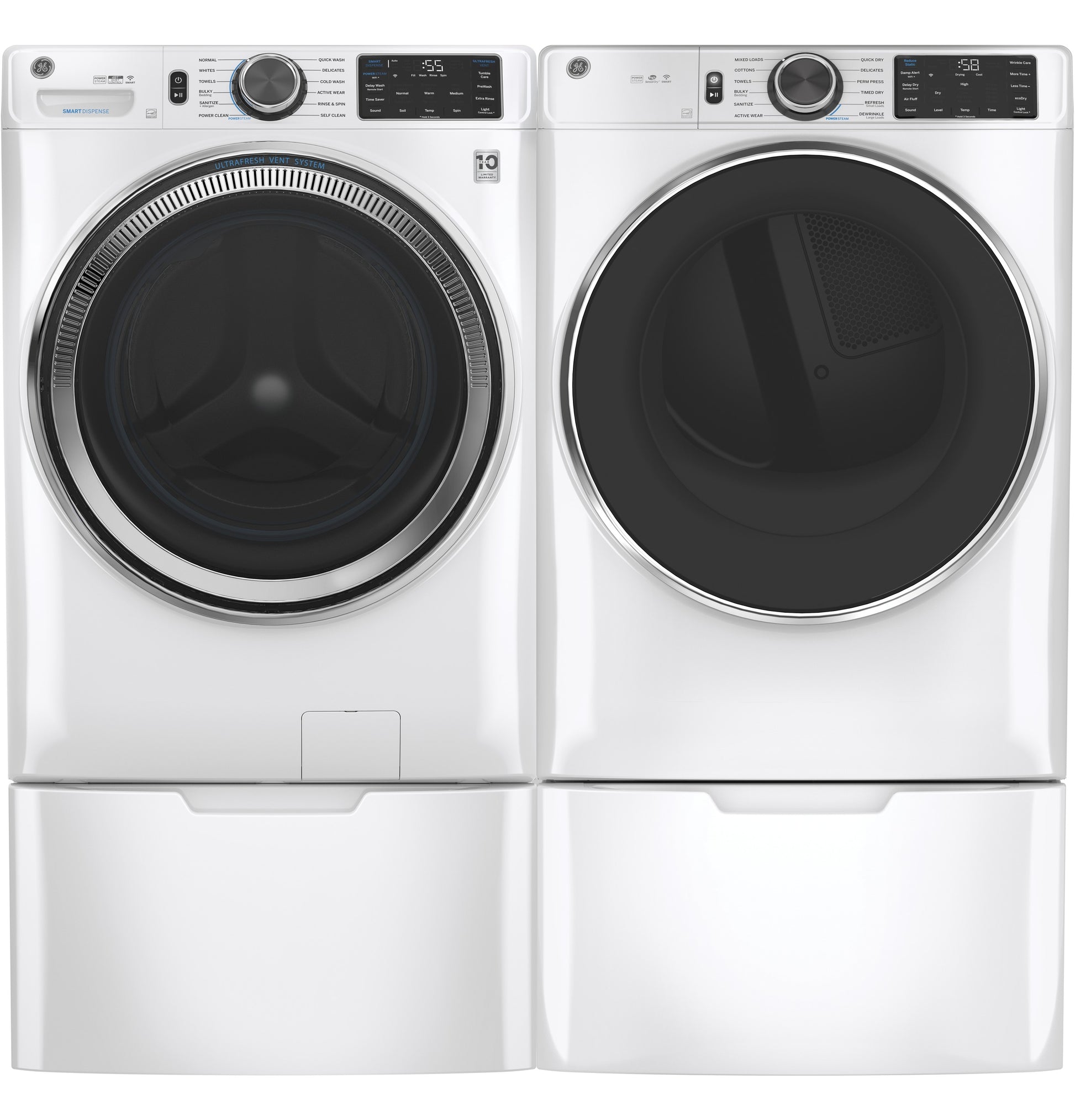 Set of white front-load washer and dryer units positioned on matching laundry pedestals for appliance parts and home improvement use