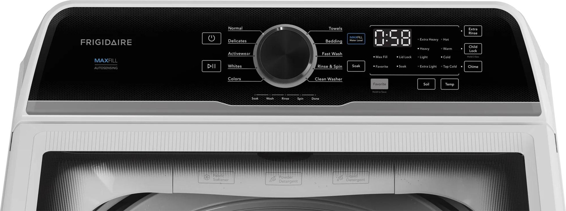 Close-up of white top load washer control panel with dial, digital timer, and multiple wash cycle settings from Washers collection