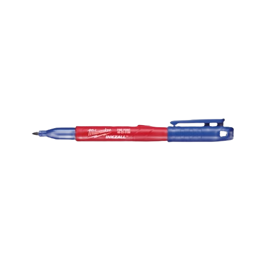 Blue and red fine point jobsite marker pen with clip for tools and home improvement use