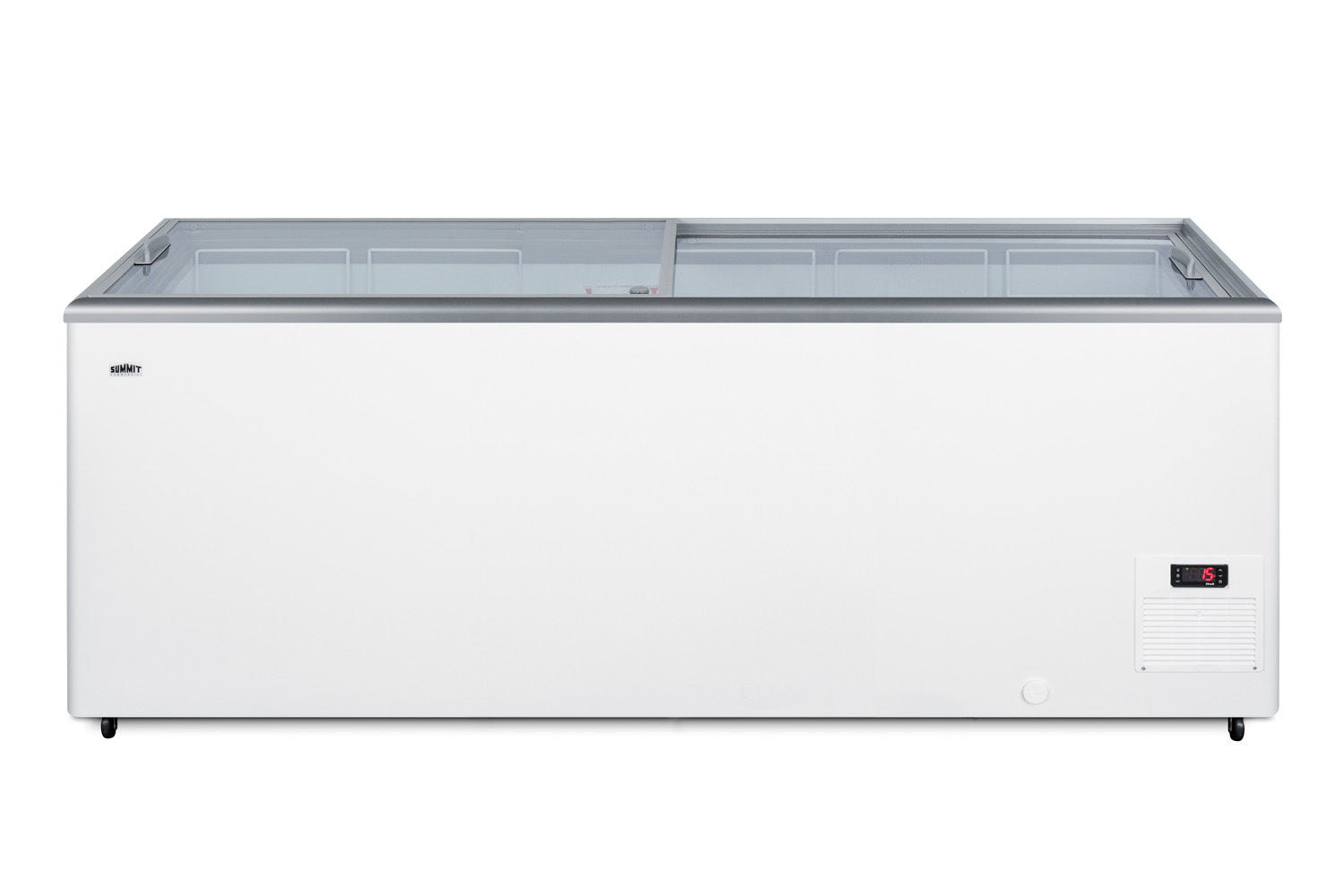 White commercial chest freezer with dual tempered glass lids and digital temperature display in appliances collection