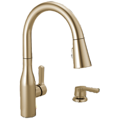 Single handle kitchen faucet in champagne bronze finish with high-arc spout and matching soap dispenser for home improvement use