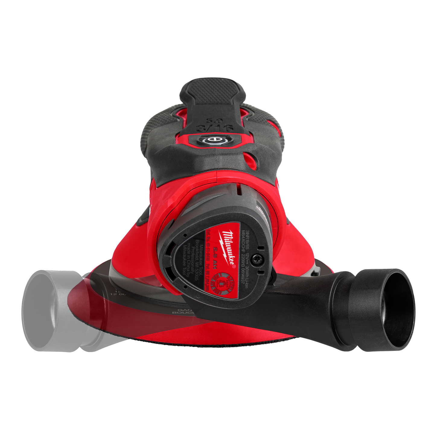 Cordless red and black random orbital sander with ergonomic grip and dust port for tools and home improvement tasks