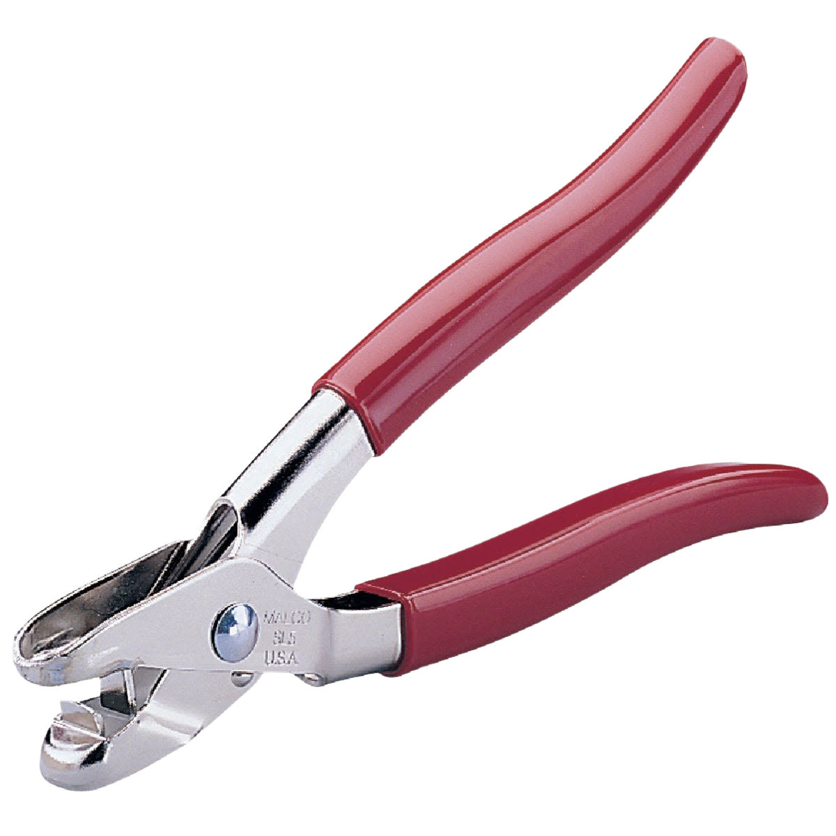 Compact metal snap lock punch with maroon ergonomic handles for tools and home improvement tasks