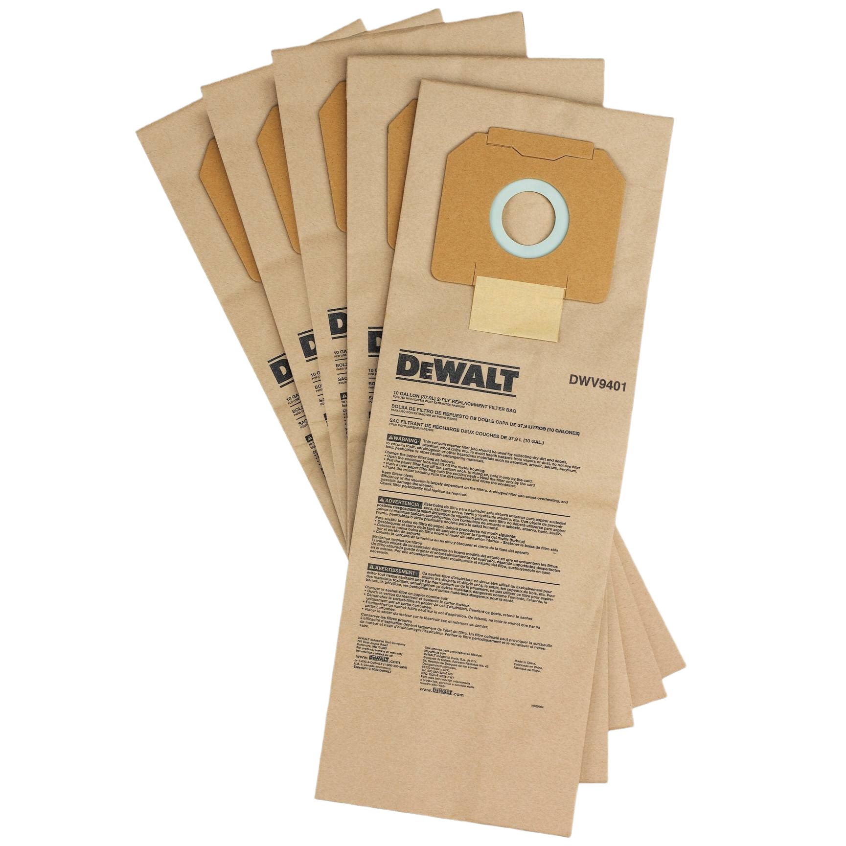 Pack of five brown paper dust bags designed for dust extractor use in tools and home improvement tasks