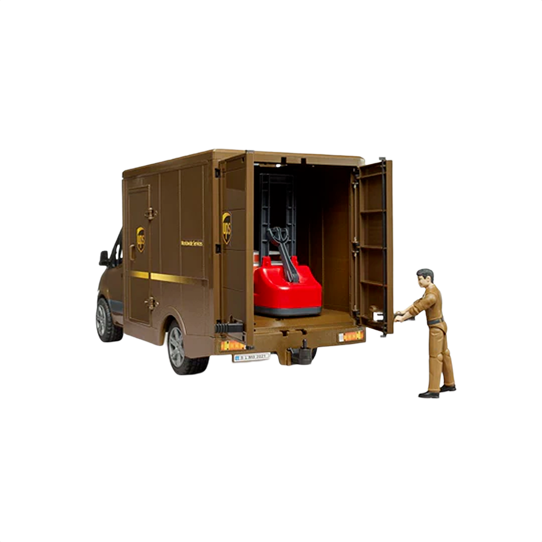 Brown model UPS delivery van toy with driver figure and pallet jack, part of Bruder Toys collection under $100