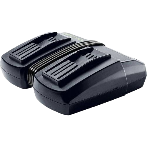 Compact black dual rapid battery charger with cord wrap for power tool batteries in home improvement use
