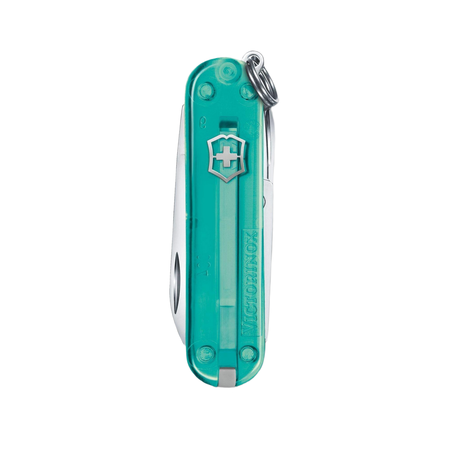 Transparent turquoise multi-tool pocket knife with keyring and blade, ideal for cutting tools and home improvement under $50