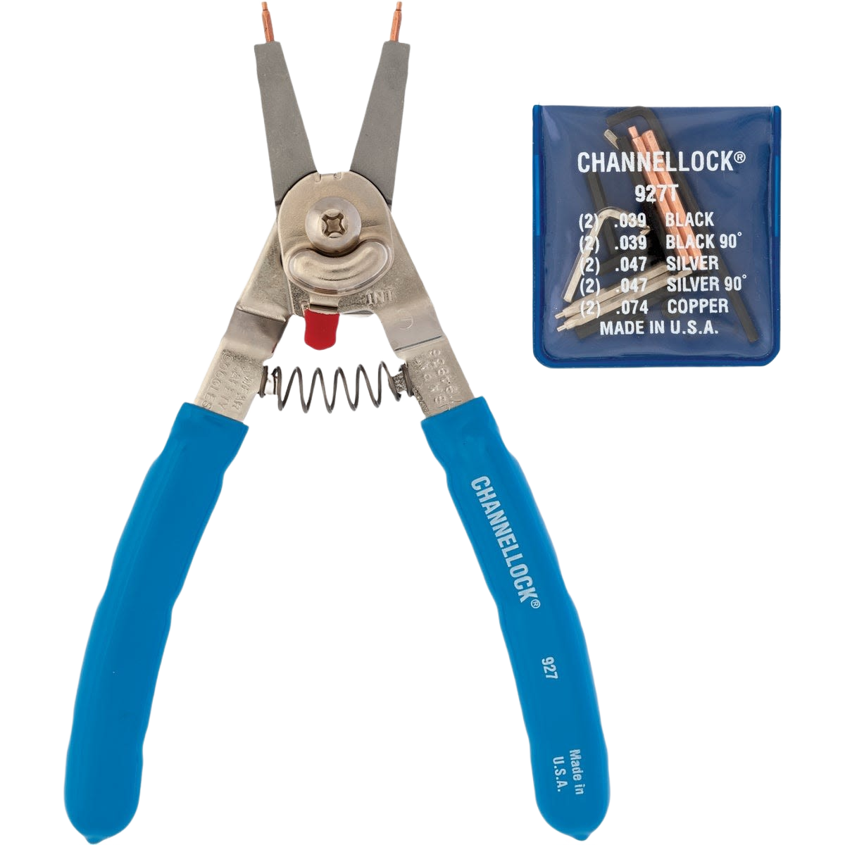 Blue-handled snap ring pliers with straight and 90-degree bend tips alongside assorted circlips for tools and home improvement tasks