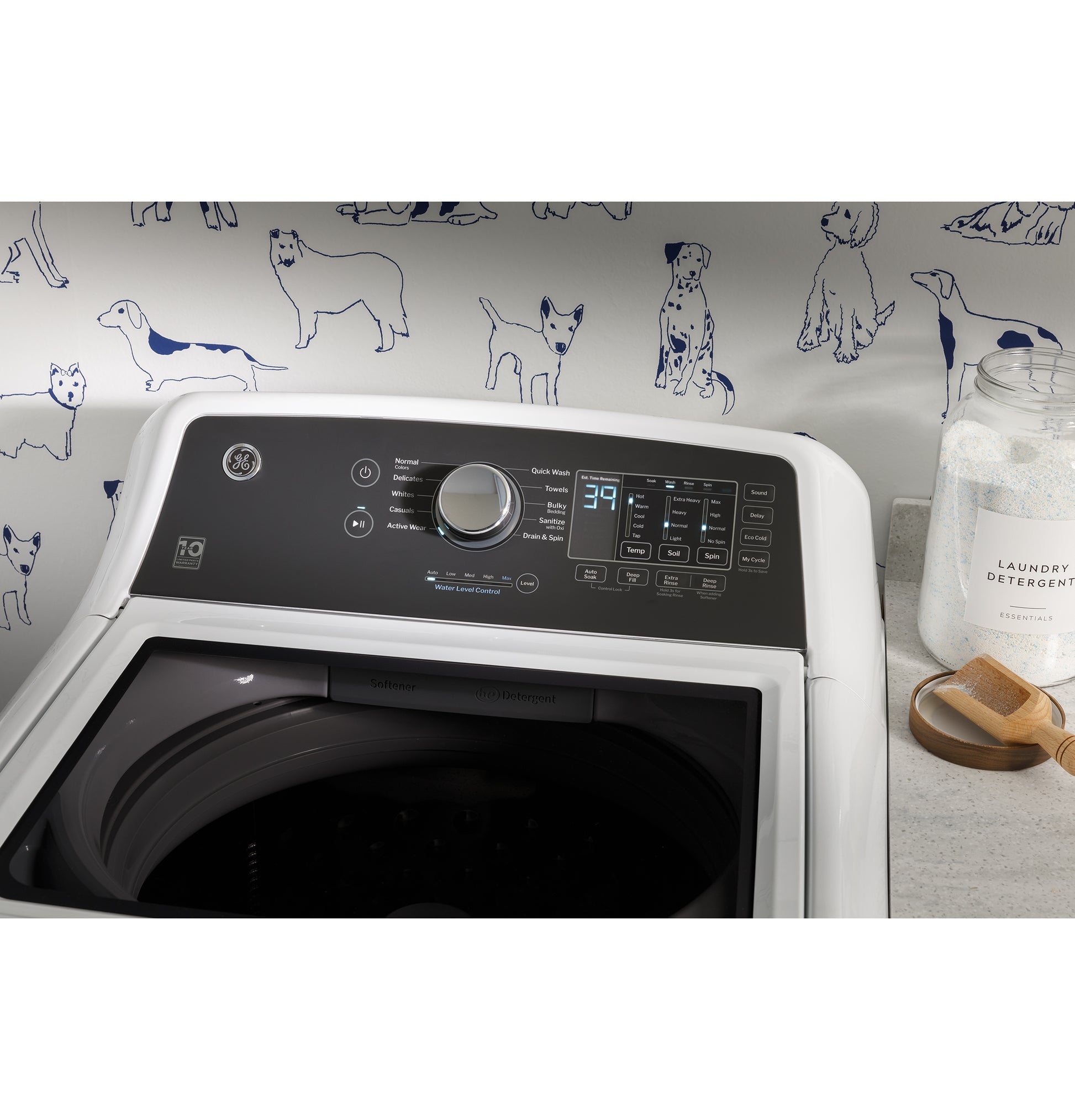 Top load washer digital control panel showing cycle options and time remaining in modern laundry room setting