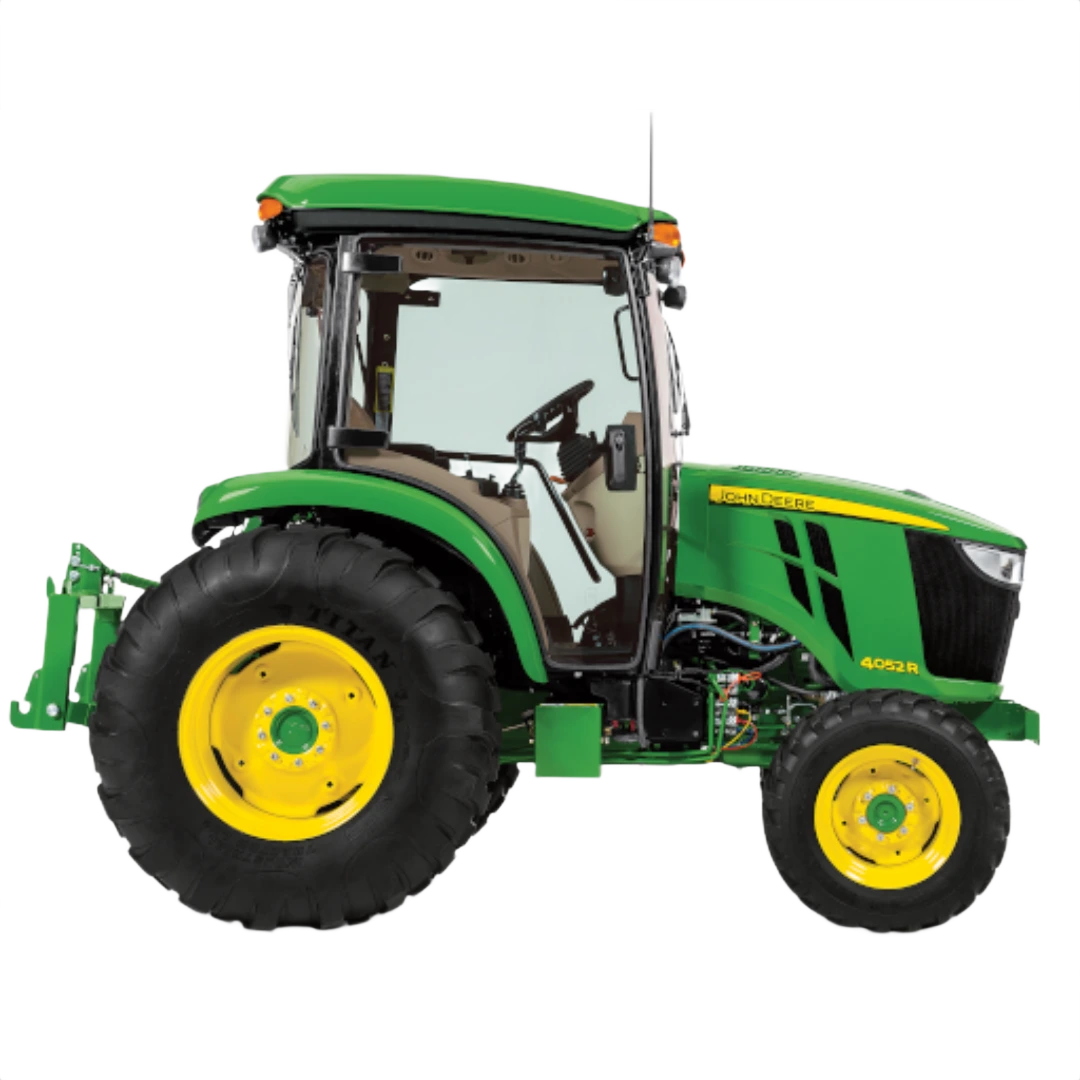 Green John Deere 4052R compact tractor with ComfortGard enclosed cab, large rear tires, and durable build in Outdoor Power Equipment at Hartville Hardware.
