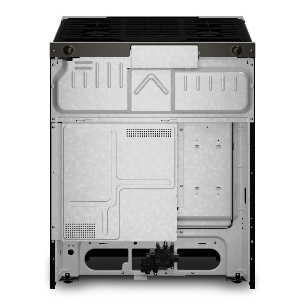 rear view of 30-inch smart slide-in gas range showing internal metal panel and gas component in kitchen appliances collection