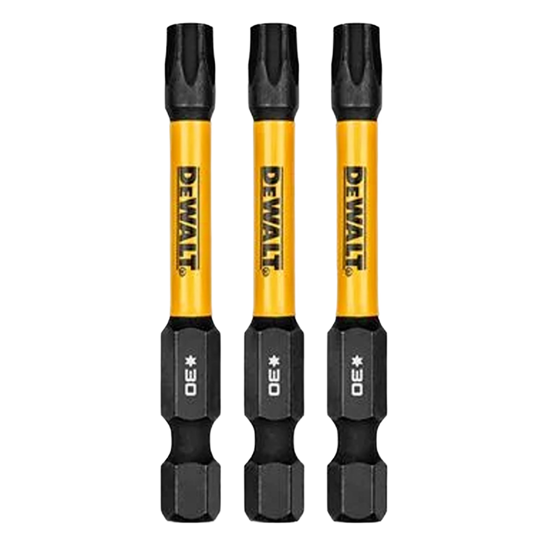 Set of three yellow and black FLEXTORQ® T30 impact drill bits for power tool accessories and home improvement tasks
