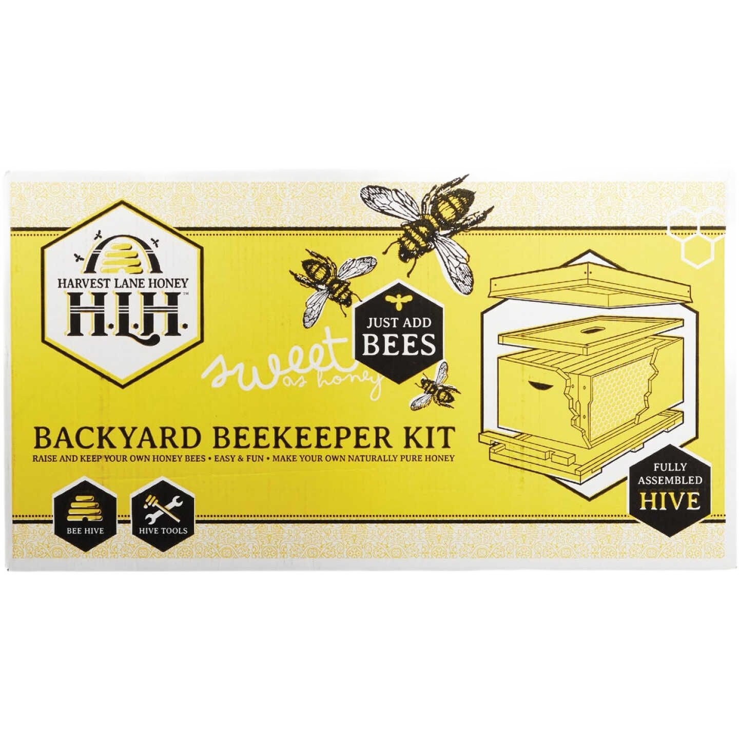 Yellow and white packaging for a fully assembled starter beehive kit with bee illustrations and kit features for home improvement use