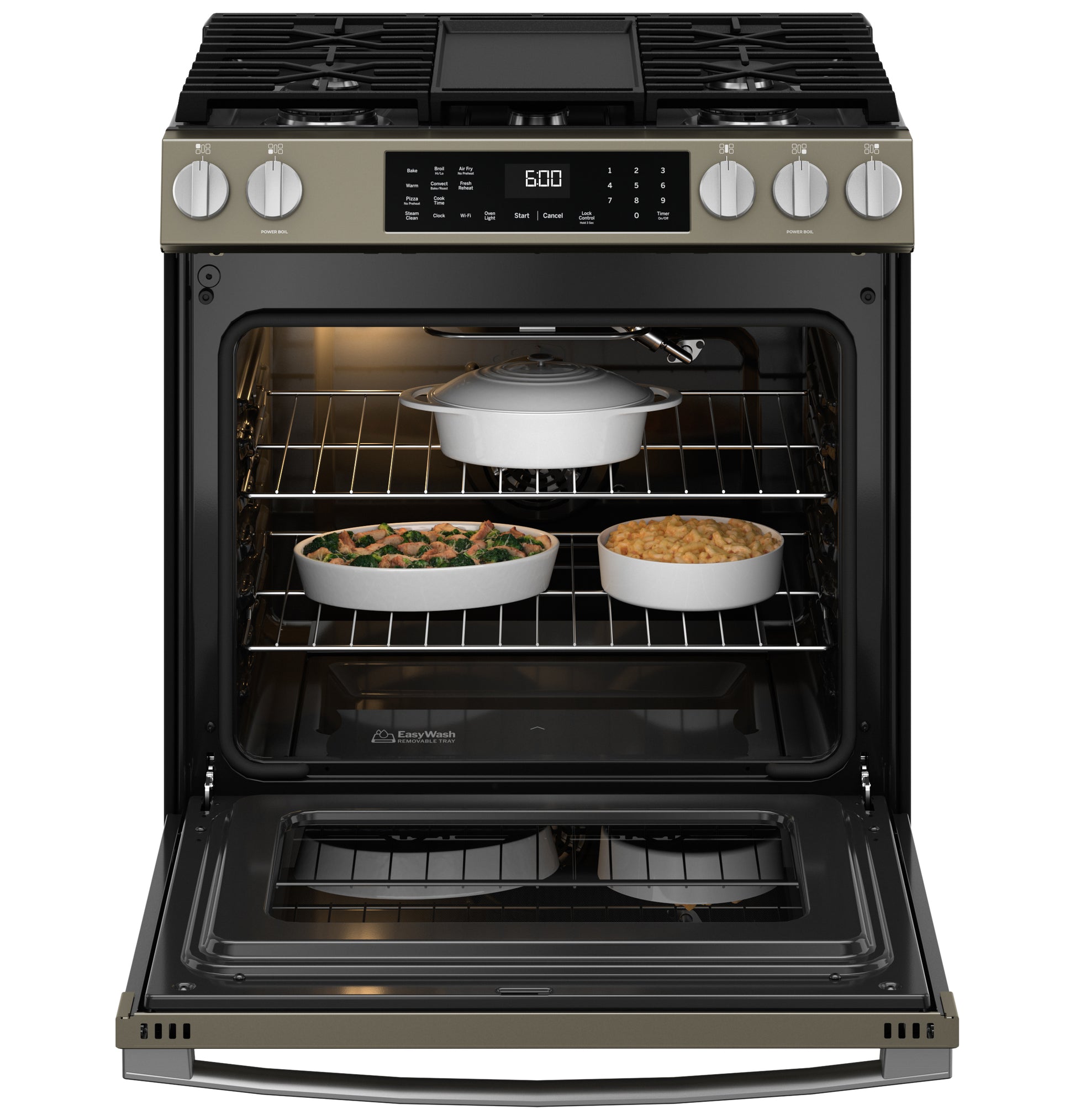 Open gas range oven with dishes inside, front-control panel, and EasyWash™ oven tray in kitchen appliance setting