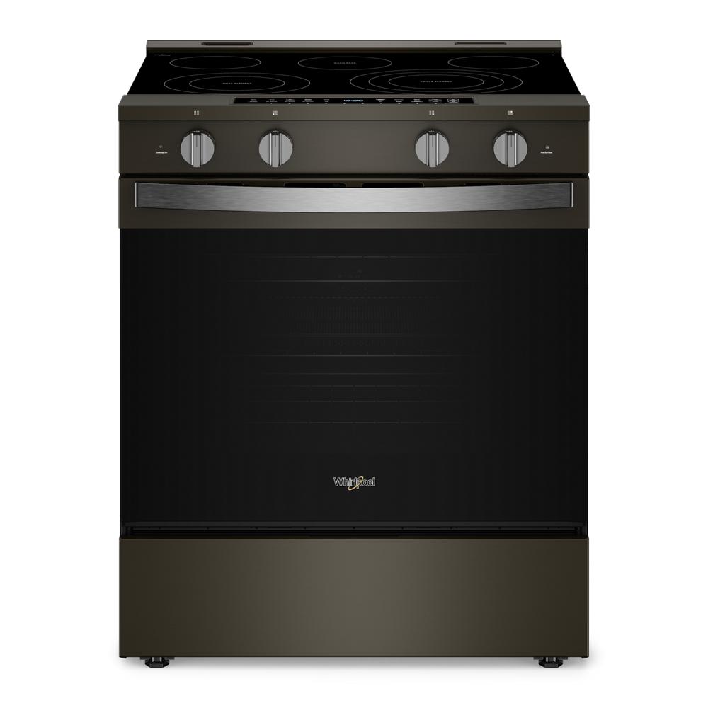 30-inch smart slide-in electric range in dark finish with smooth cooktop, front control knobs, and large oven door, part of Ranges and Electric Ranges collections.