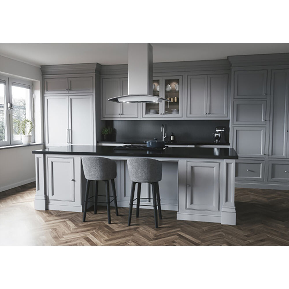 Contemporary kitchen featuring a sleek island hood, gray cabinetry, black countertops, and herringbone wood flooring