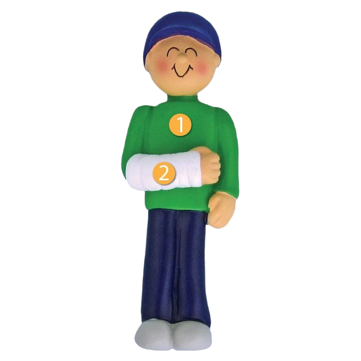 Cheerful male figurine ornament wearing green and blue with arm in cast for Christmas tree decorations under $50 collection
