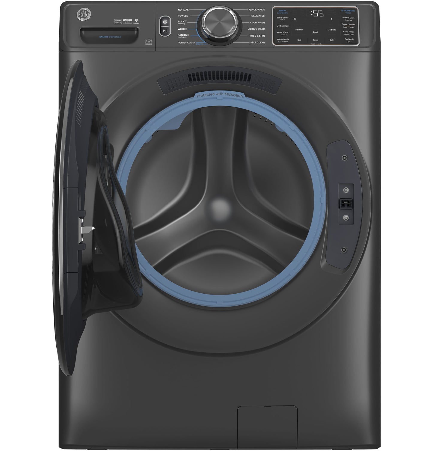 Dark gray smart front load washer with open door showing interior drum in Washers & Appliances collections