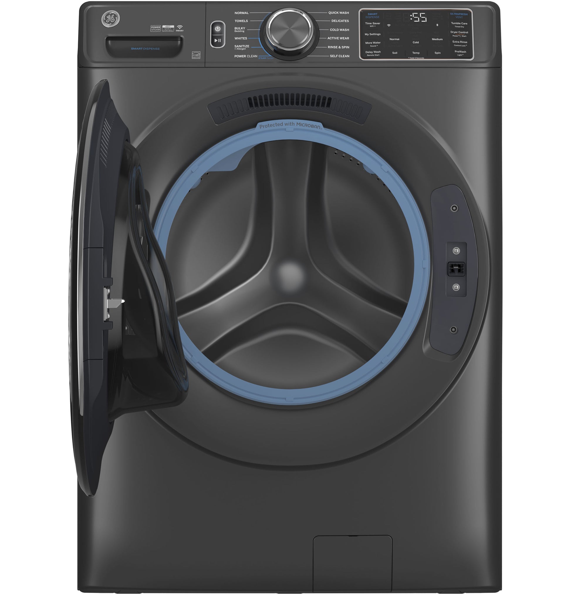 Dark gray smart front load washer with open door showing interior drum in Washers & Appliances collections