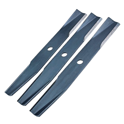 Set of three standard lawn mower blades with central mounting holes for home improvement and tools use