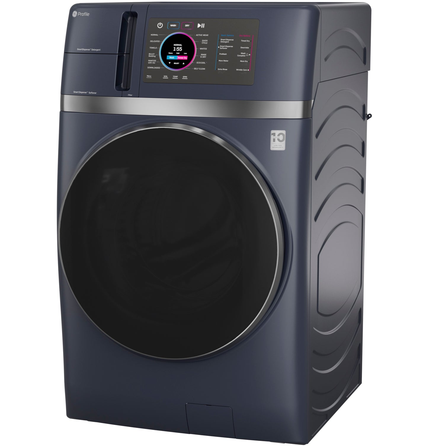 Dark blue washer/dryer combo with digital touchscreen and sleek modern design in washers and appliances collection
