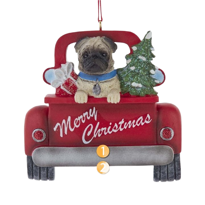 Festive ornament with pug in bright red truck holding gifts and Christmas tree for holiday decor collections under 50