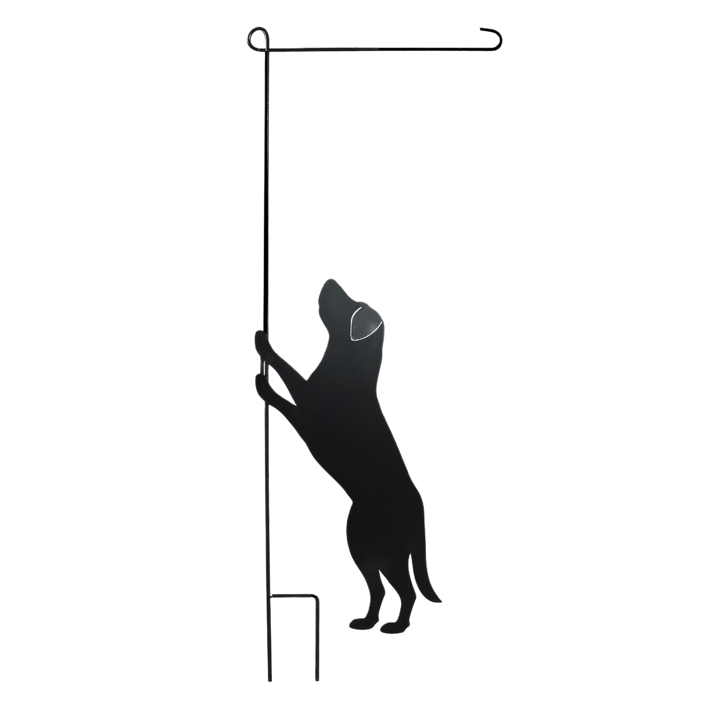 Metal garden flag stand with jumping dog silhouette and curved end for secure flag display in outdoor decor and lawn collections