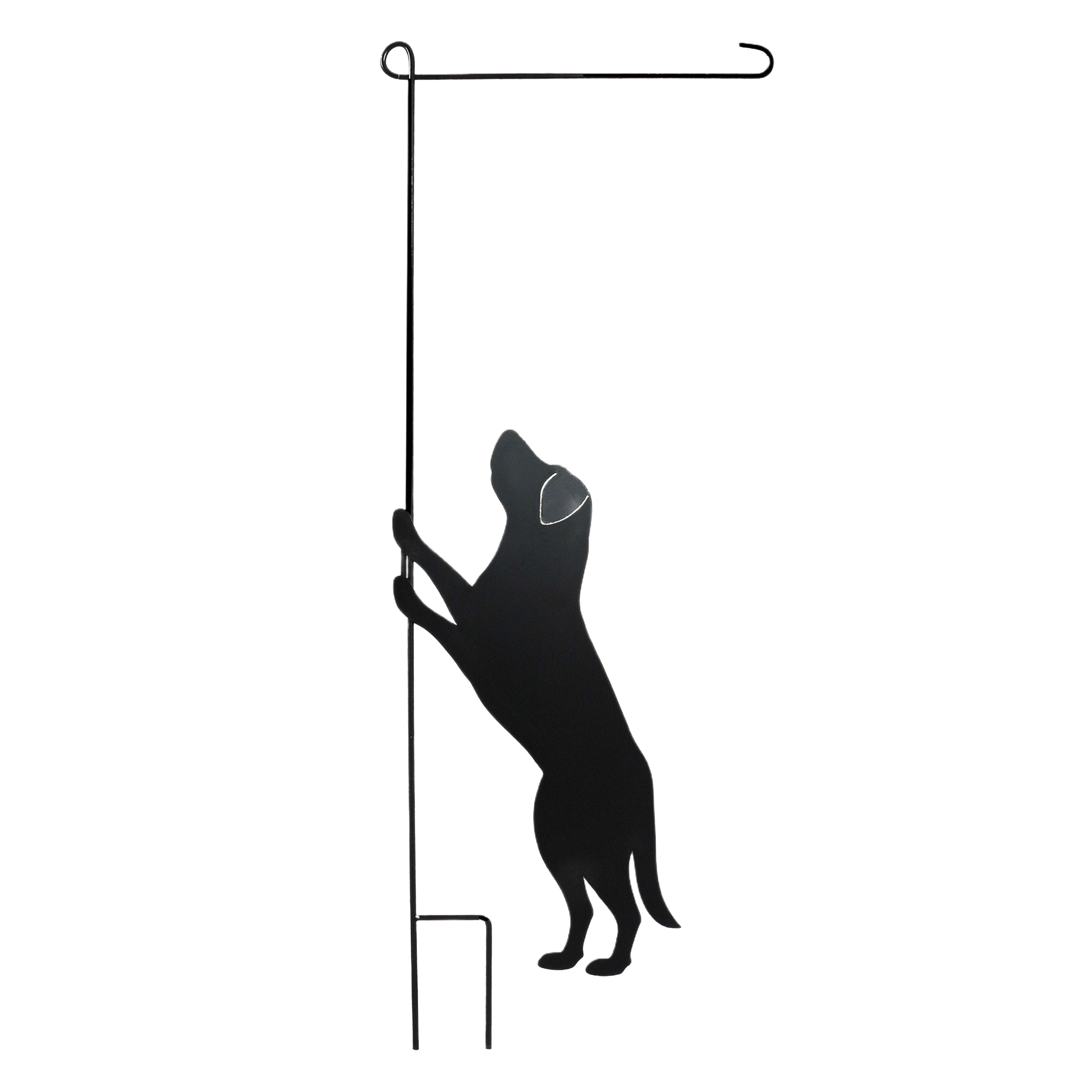 Metal garden flag stand with jumping dog silhouette and curved end for secure flag display in outdoor decor and lawn collections