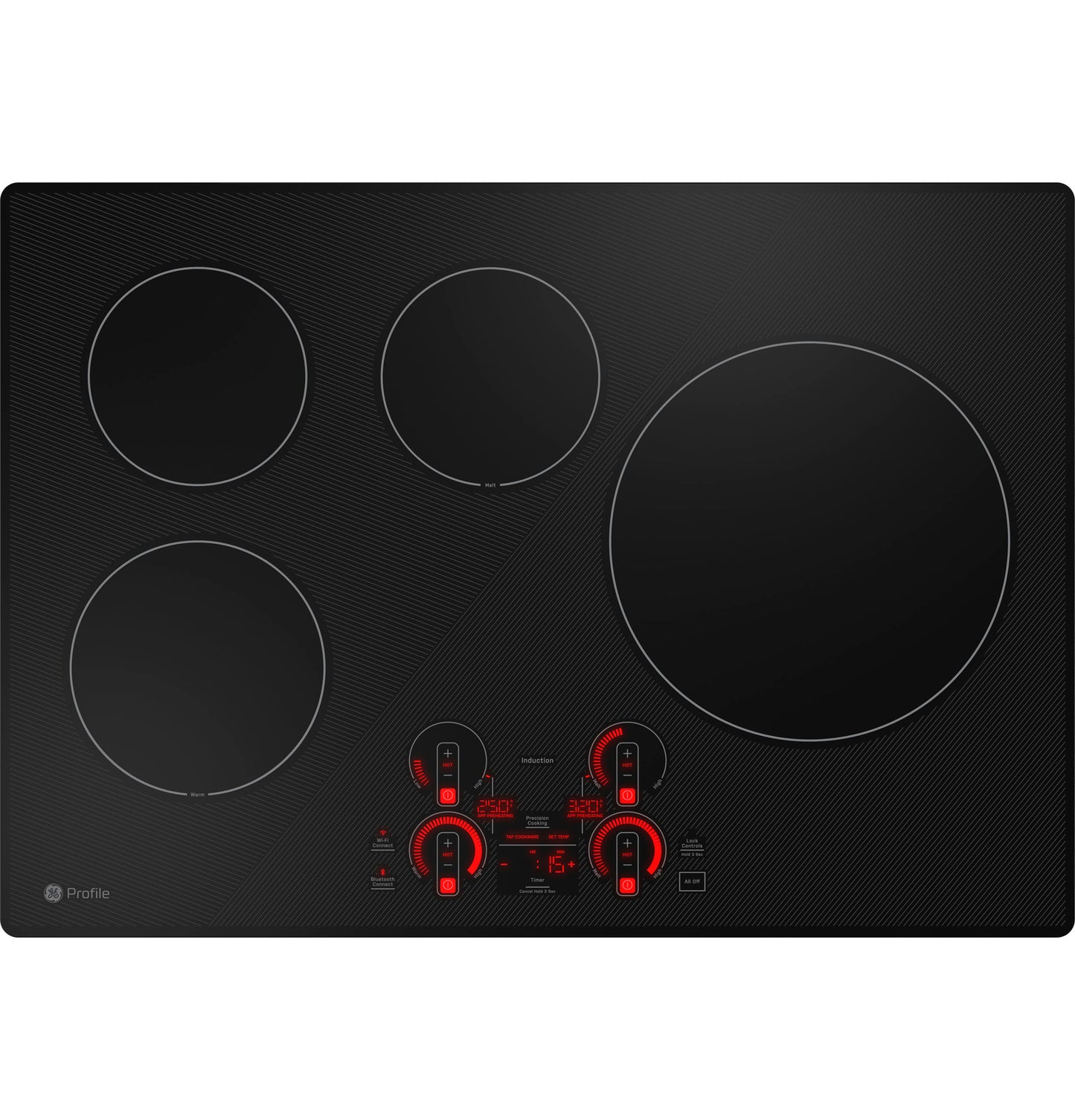 Black built-in induction cooktop with four cooking zones and red digital touch controls from Induction Cooktops collection