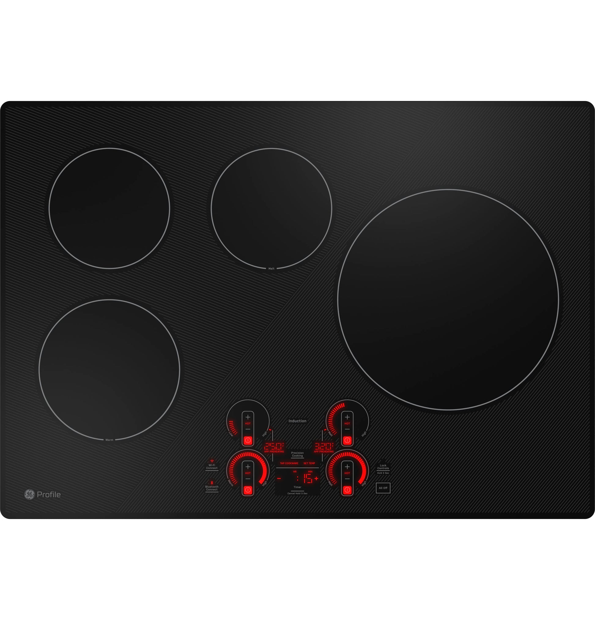 Black built-in induction cooktop with four cooking zones and red digital touch controls from Induction Cooktops collection