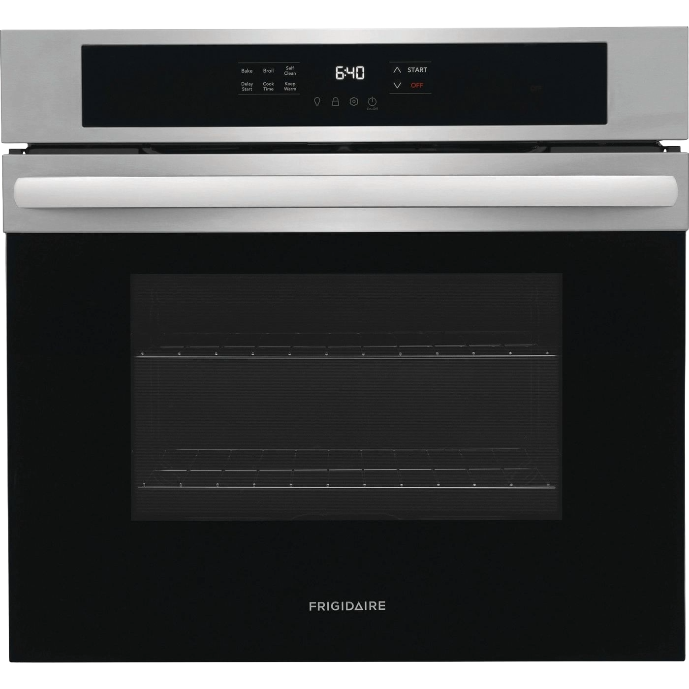 Stainless steel single electric wall oven with digital touchscreen and two interior racks from kitchen appliances collection
