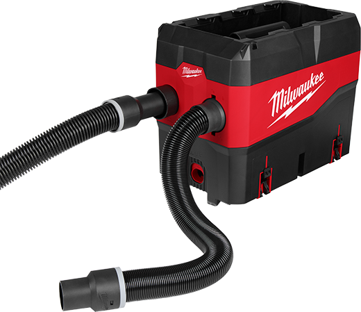 Red and black Milwaukee PACKOUT™ compact debris separator with attached flexible hoses for tools and home improvement tasks